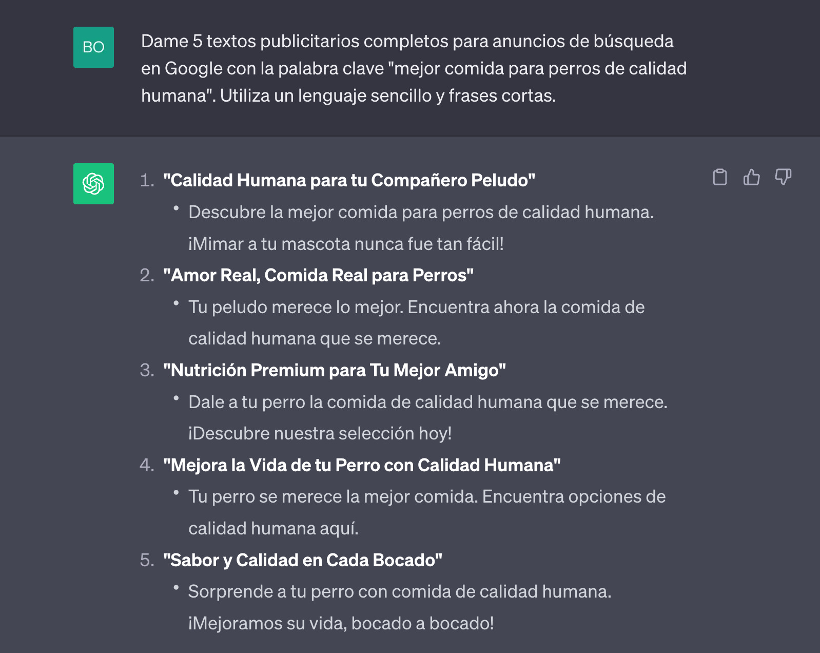 Alt. ChatGPT genera ideas para los textos publicitarios.