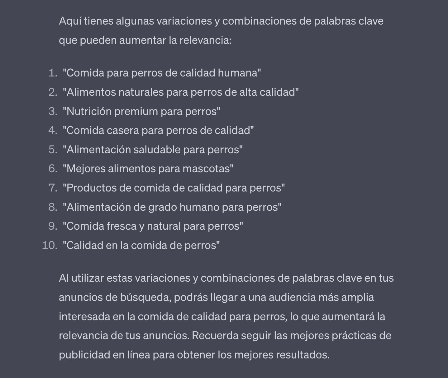ChatGPT sugiere unas variaciones para ayudar a mejorar la relevancia de las palabras clave.