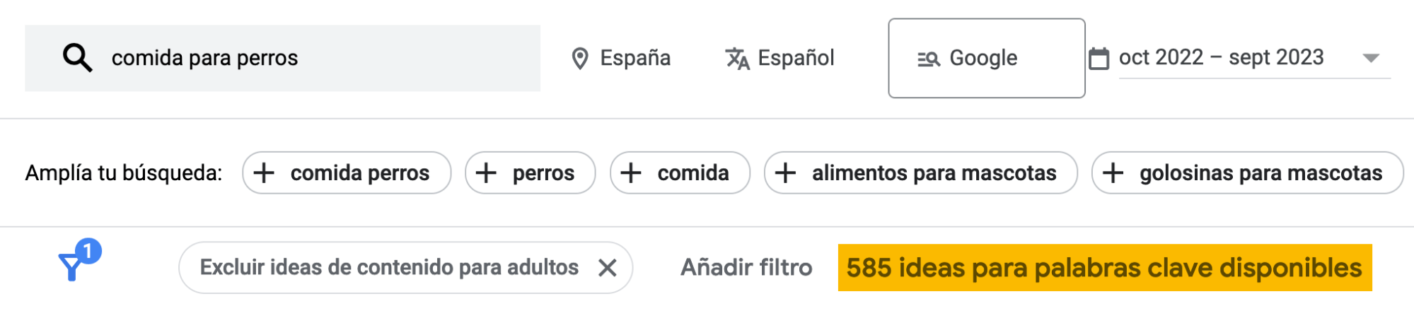 Número de ideas de palabras clave disponibles en GKP.