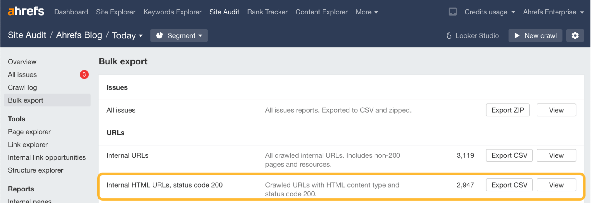 Cómo exportar URL HTML internas en Site Audit de Ahrefs.
