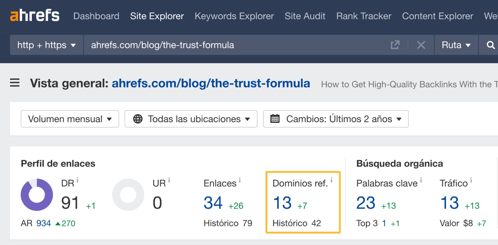 Comprobación de backlinks en el Site Explorer de Ahrefs.
