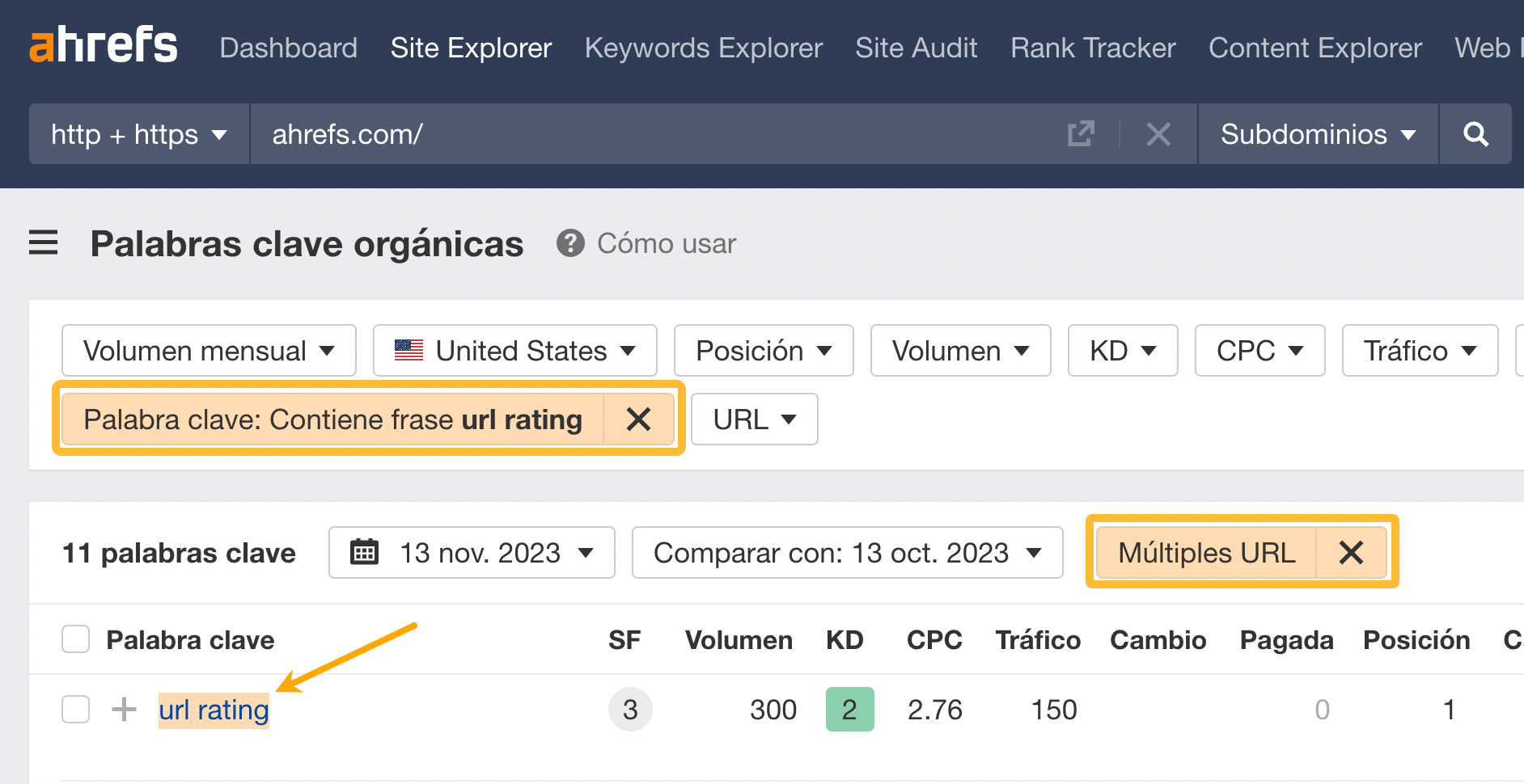 Cómo encontrar palabras clave con múltiples URL posicionadas en Site Explorer de Ahrefs.