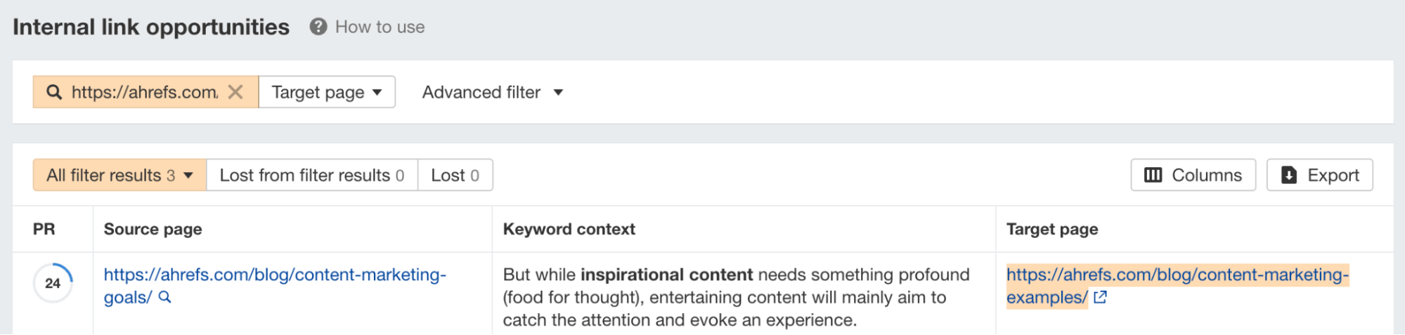 Ejemplo de una oportunidad de enlace interno, a través de Site Audit de Ahrefs.