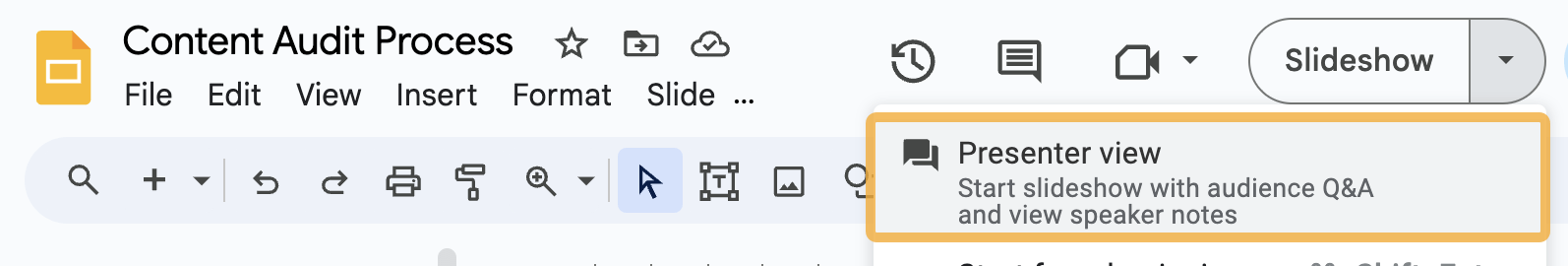 Cómo abrir el proceso de auditoría de contenidos en la vista de presentación.