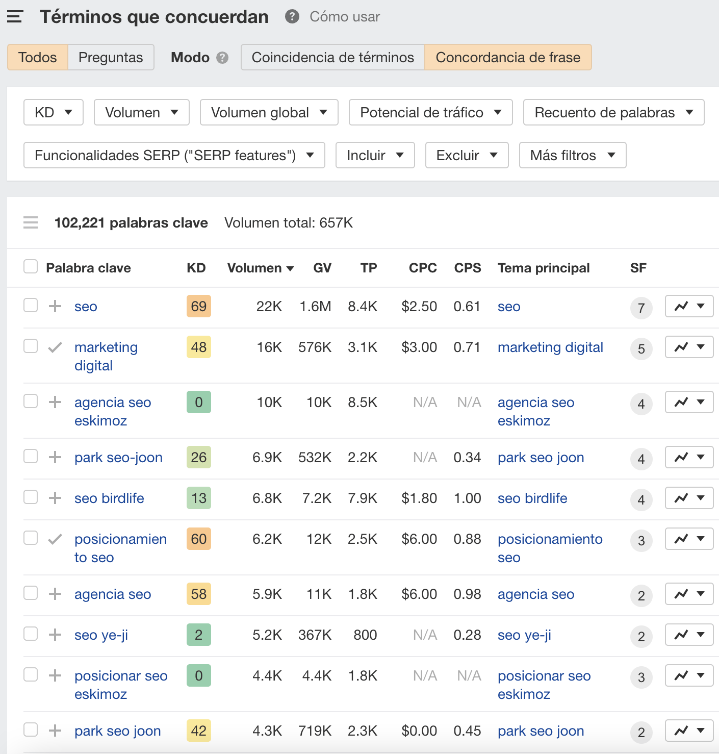 Captura de pantalla del informe Términos que concuerdan en Ahrefs