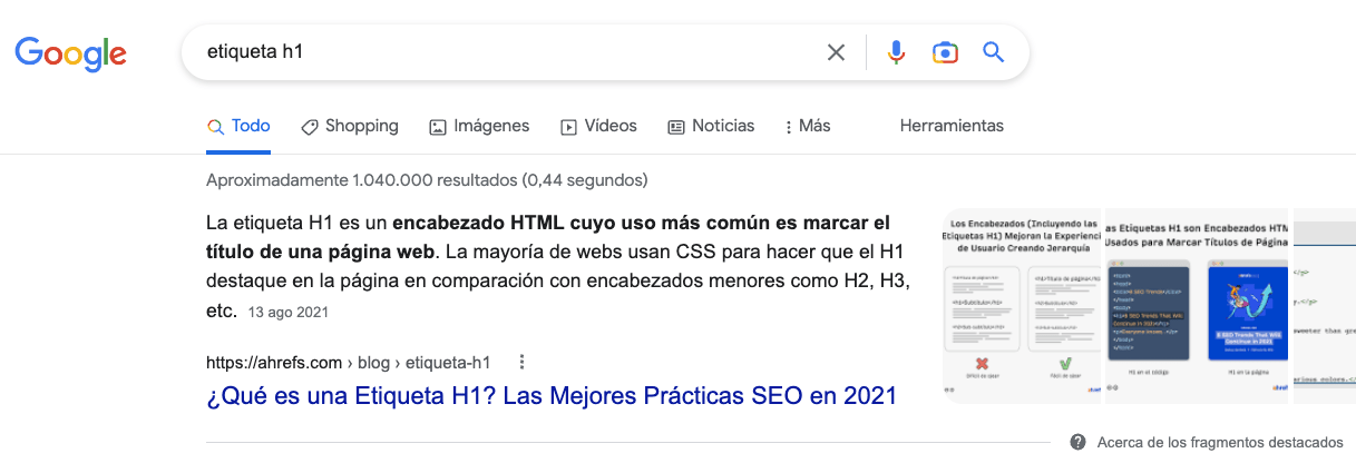 Ejemplo de fragmento destacado en la SERP de Google de "etiqueta h1", del blog de Ahrefs