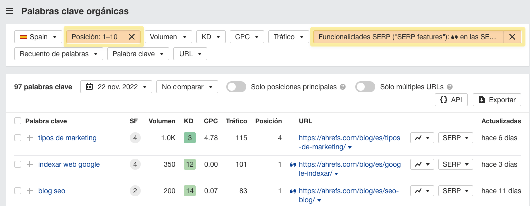 Informe de palabras clave orgánicas en el Site Explorer de Ahrefs, filtrando por las que tienen "fragmentos destacados" y están entre los 10 primeros resultados