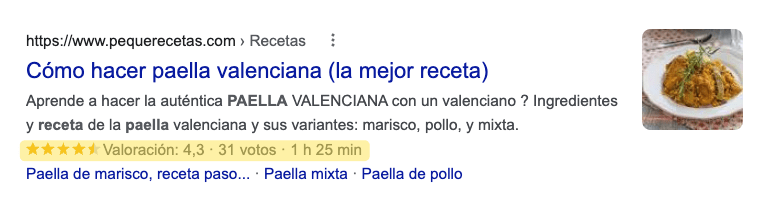 Ejemplo de fragmento enriquecido en la SERP de "paella" de Google