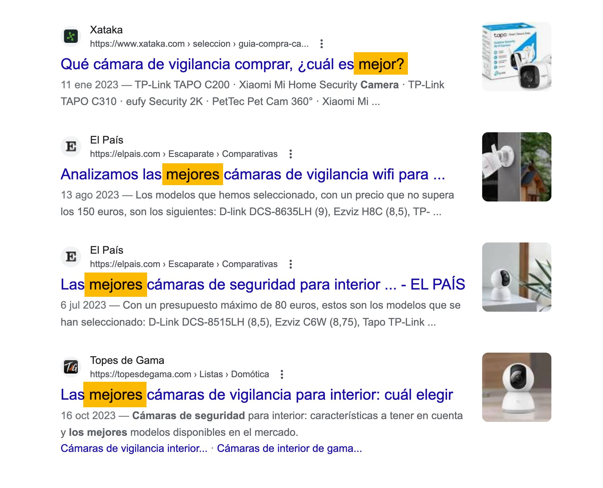 Los primeros resultados SERP muestran que los usuarios buscan las "mejores" cámaras de vigilancia.