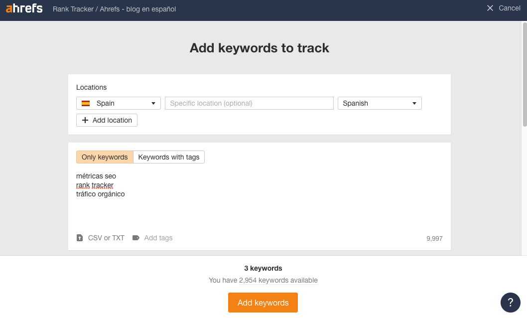 Añadiendo palabras clave al Rank Tracker de Ahrefs