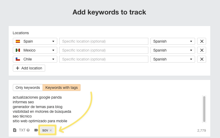 Añadiendo palabras clave a la SERP en el Rank Tracker de Ahrefs con etiqueta