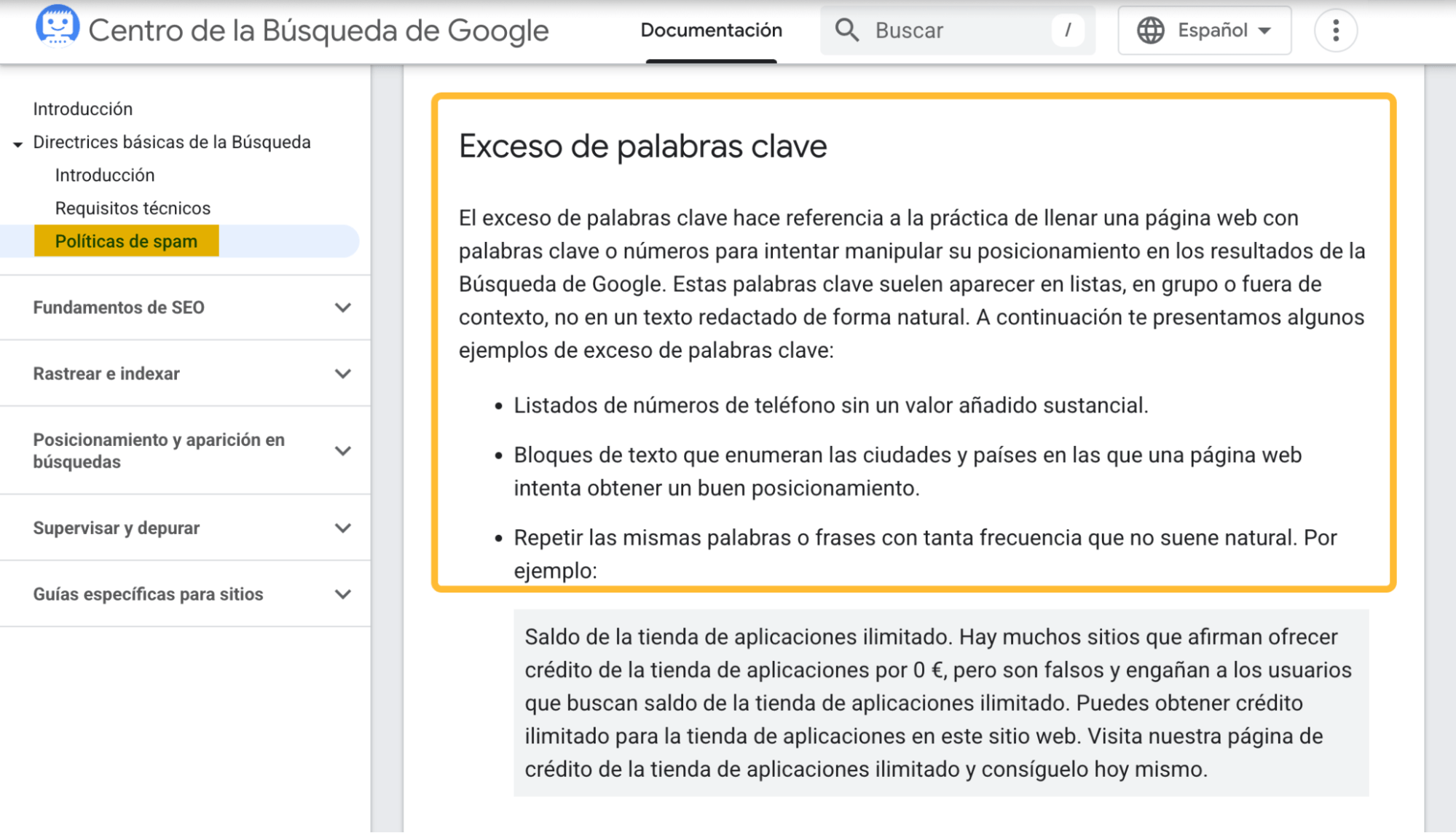 Directrices de Google contra el relleno de palabras clave