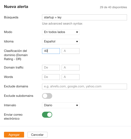 Configurando una alerta en Ahrefs