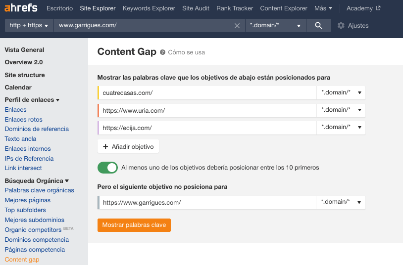 Configurando un informe de Brecha de Contenidos (Content Gap) en Site Explorer Ahrefs