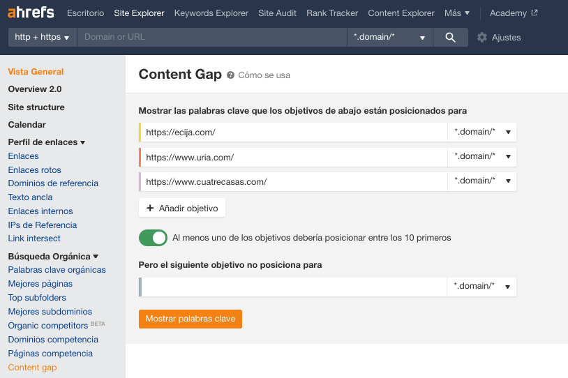 Configurando un informe de Brecha de Contenidos (Content Gap) en Site Explorer para mostrar solo las palabras clave de los competires
