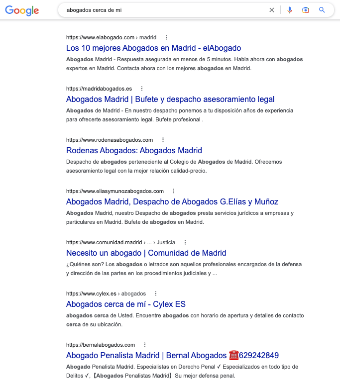 SERP de Google de "abogado cerca de mí"