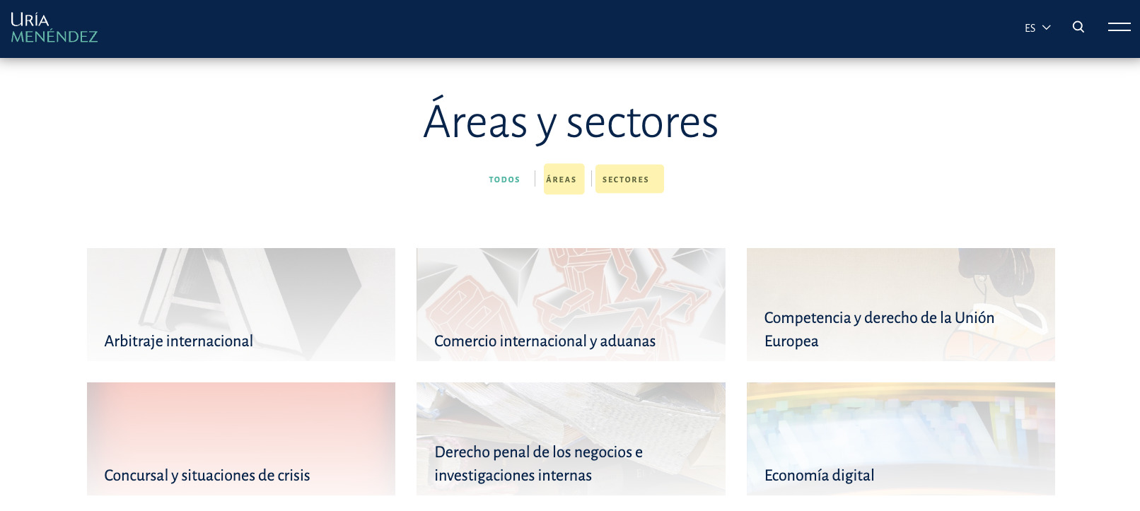 Ejemplo de bufete de abogados que muestra tanto sectores como áreas en las que trabaja.