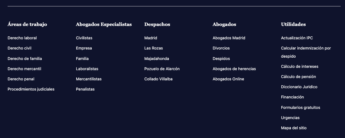 Ejemplo de listado de ubicaciones en el footer. Todas llevan a páginas con más información.