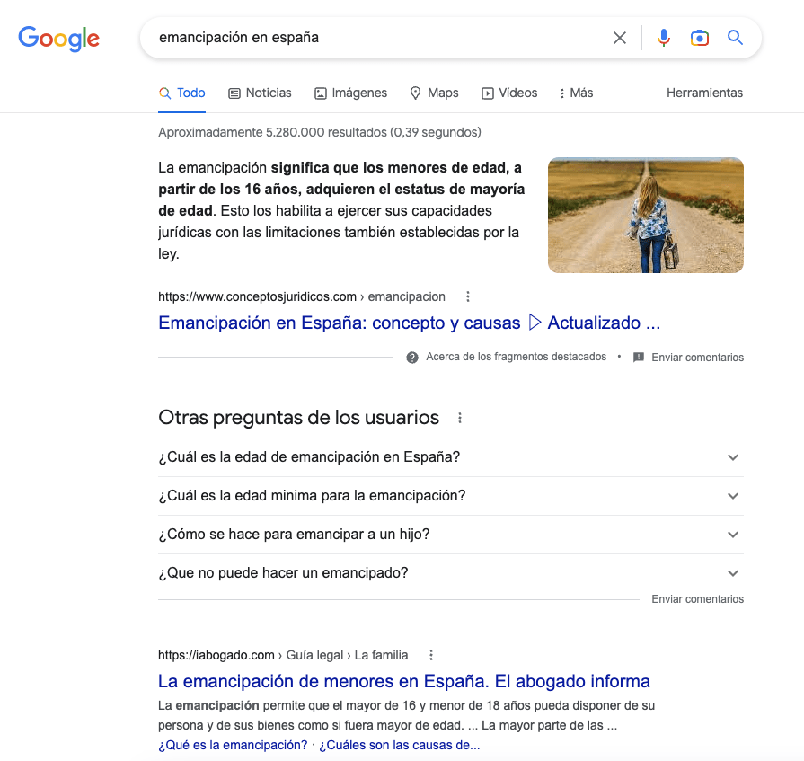 La SERP sugiere que las personas buscan información y conocer la edad de emancipación