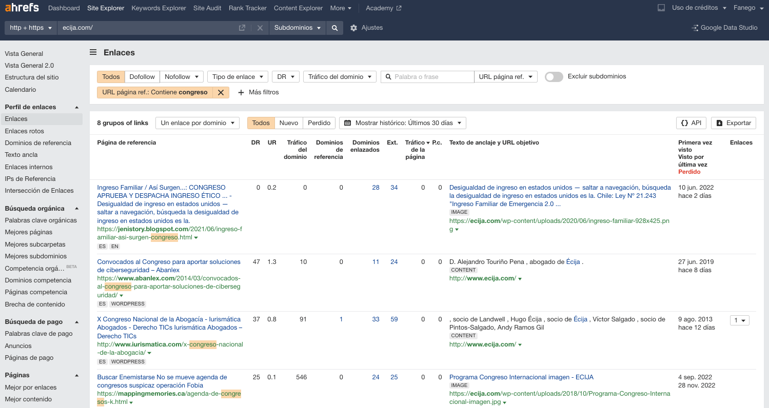 Ejemplo de enlaces conseguidos por invitaciones a congresos, en Site Explorer