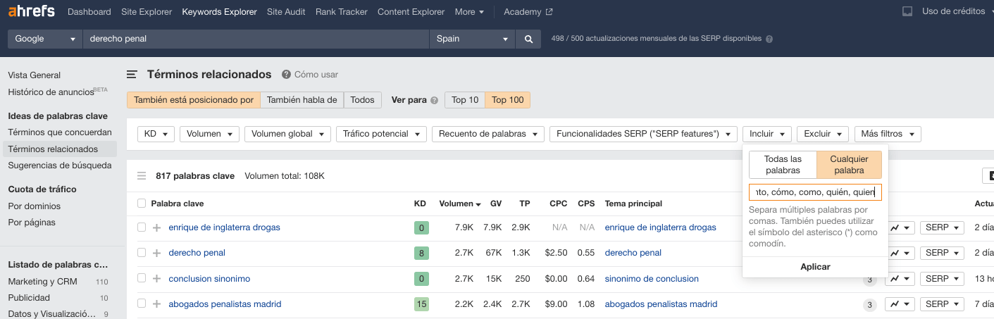 Usando filtros para encontrar más palabras clave