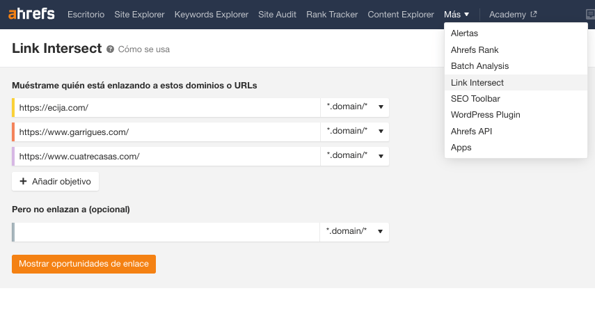 Herramienta Link Intersect de Ahrefs