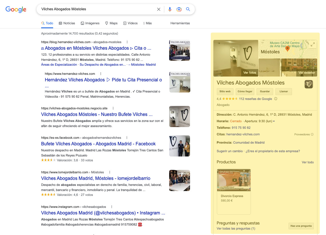 Ejemplo de un panel de conocimiento