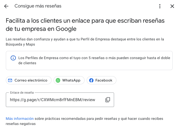 "Petición de review" en la gestión del Perfil de Empresa de Google