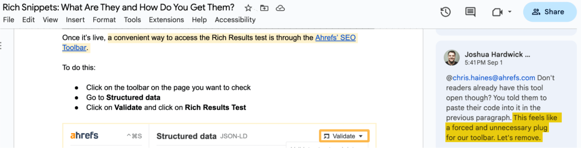 Comentario interno del blog de Ahrefs hablando de no exagerar la utilidad de sus herramientas