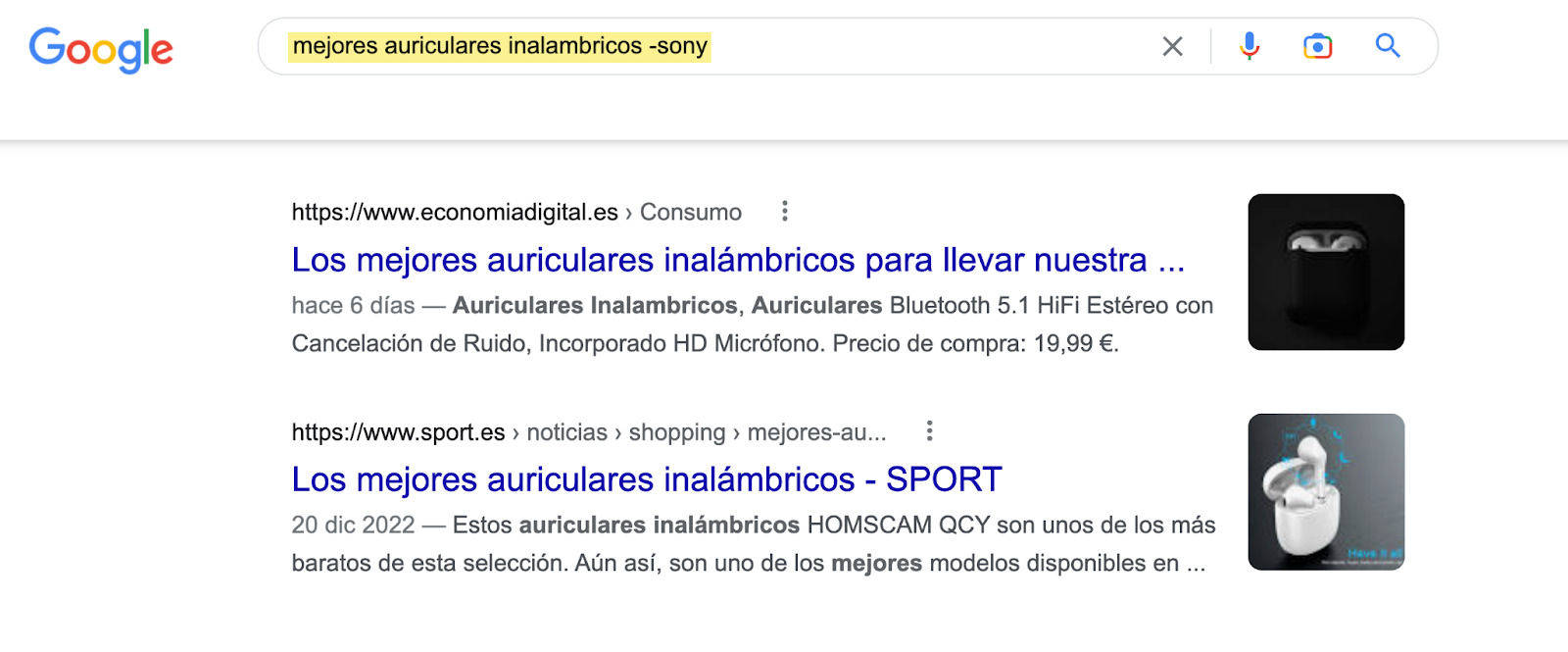 Captura de pantalla de resultado de búsqueda en Google para "mejores auriculares inalambricos sony"