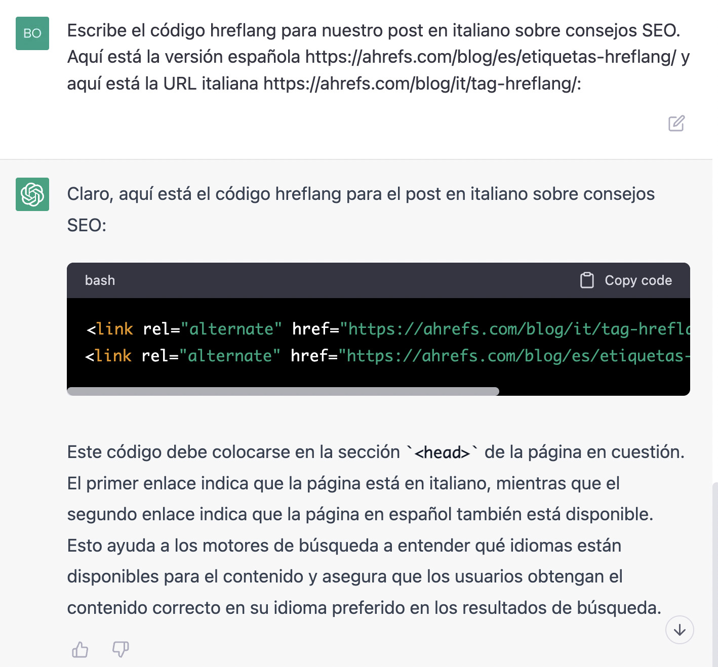Código hreflang generado por ChatGPT