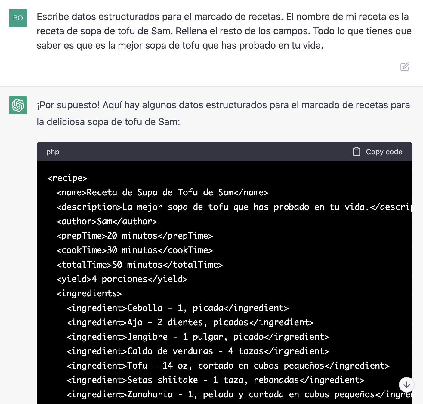 Marcado schema generado a partir de ChatGPT