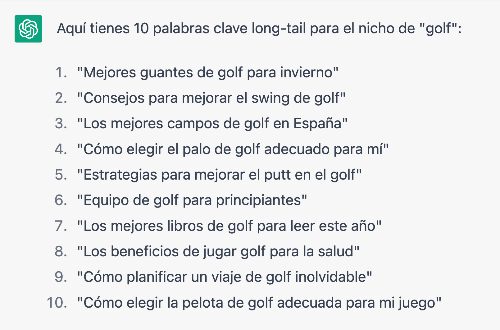 Palabras clave long-tail para el nicho de golf, generadas por ChatGPT