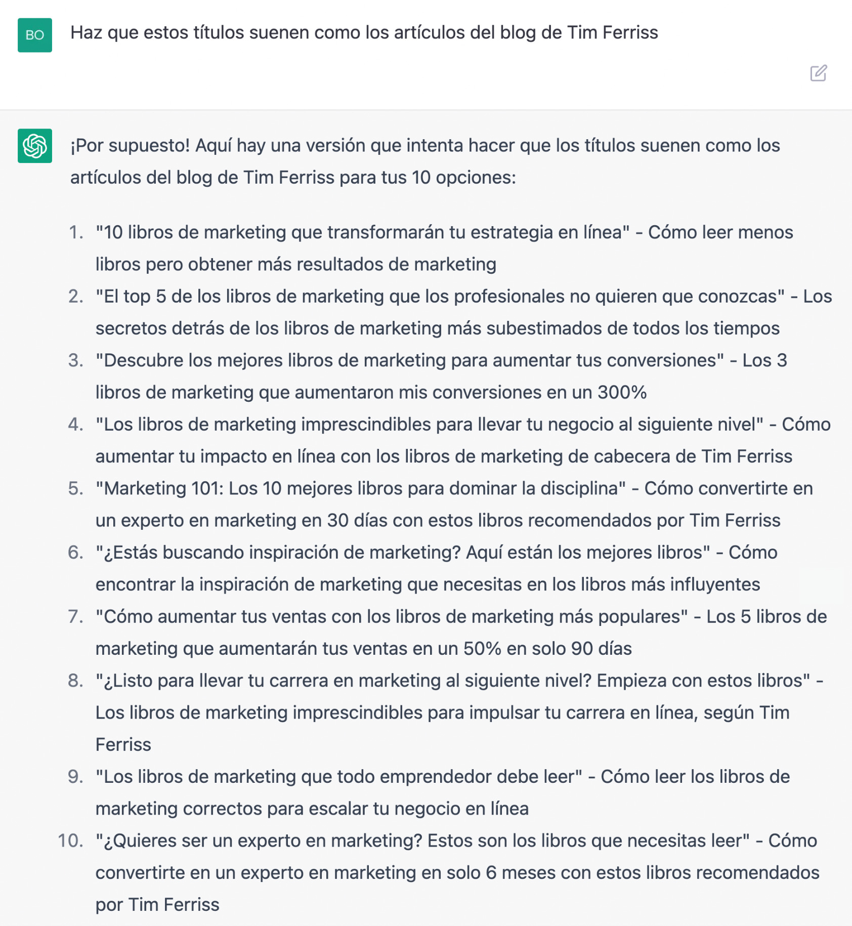 ChatGPT para crear títulos de artículos que suenen como Tim Ferriss