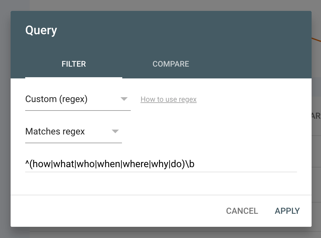 Filtro de consulta con expresiones regulares personalizadas en Google Search Console
