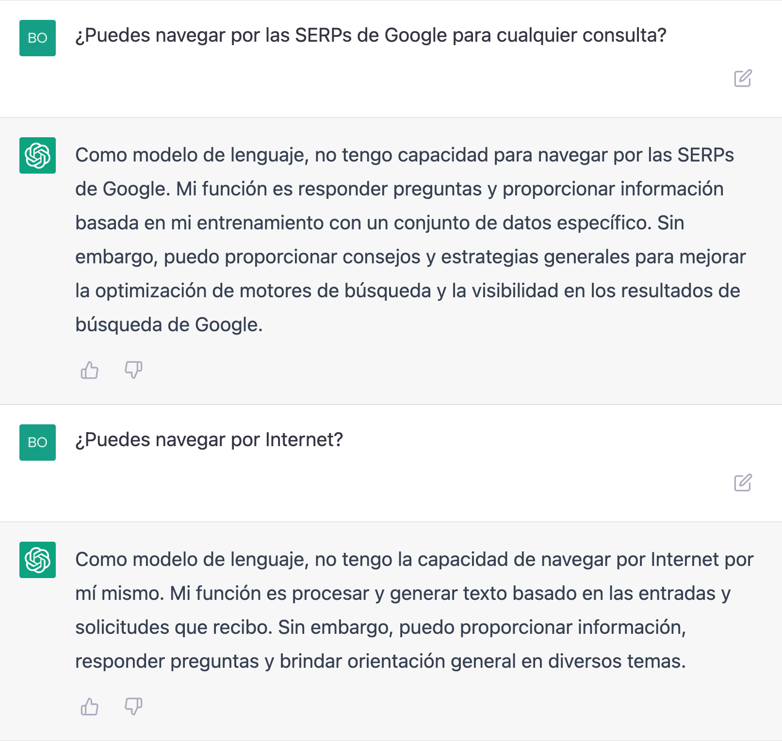 ChatGPT no puede navegar ni por las SERPs de Google ni por internet