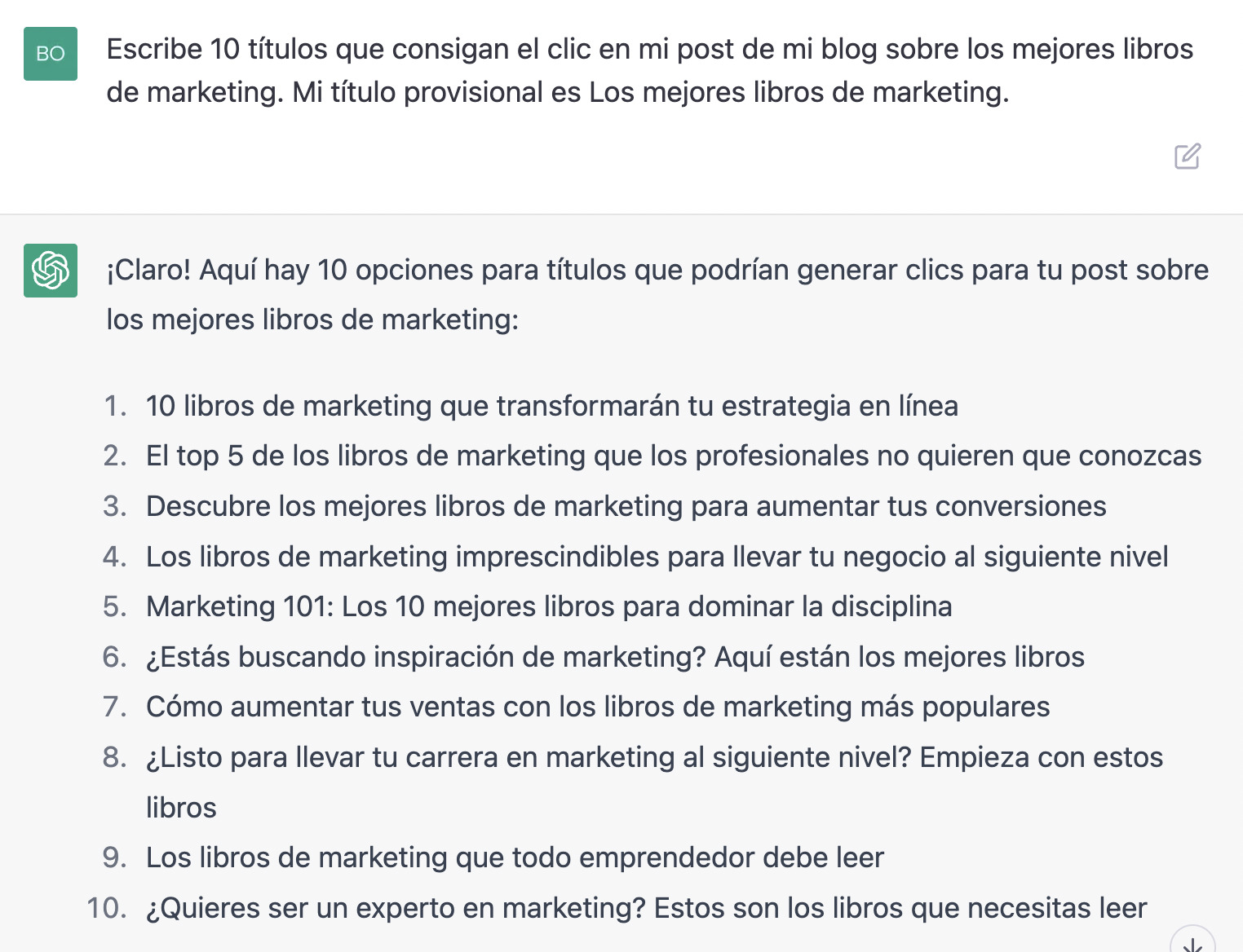 Títulos generados por ChatGPT para un post sobre los mejores libros de marketing