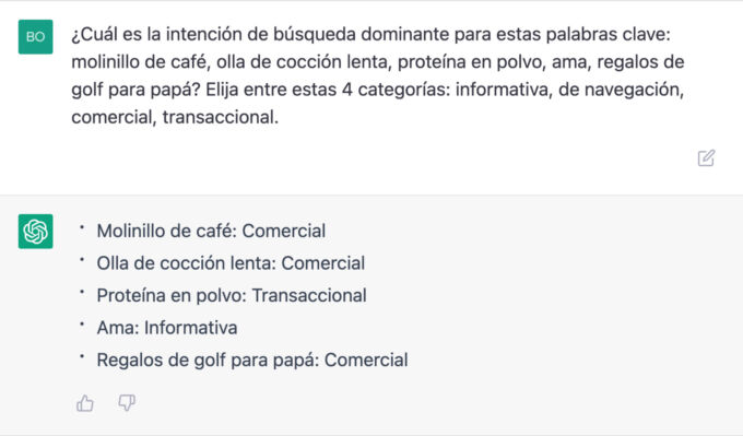 ChatGPT identifica la intención de búsqueda dominante para cinco palabras clave