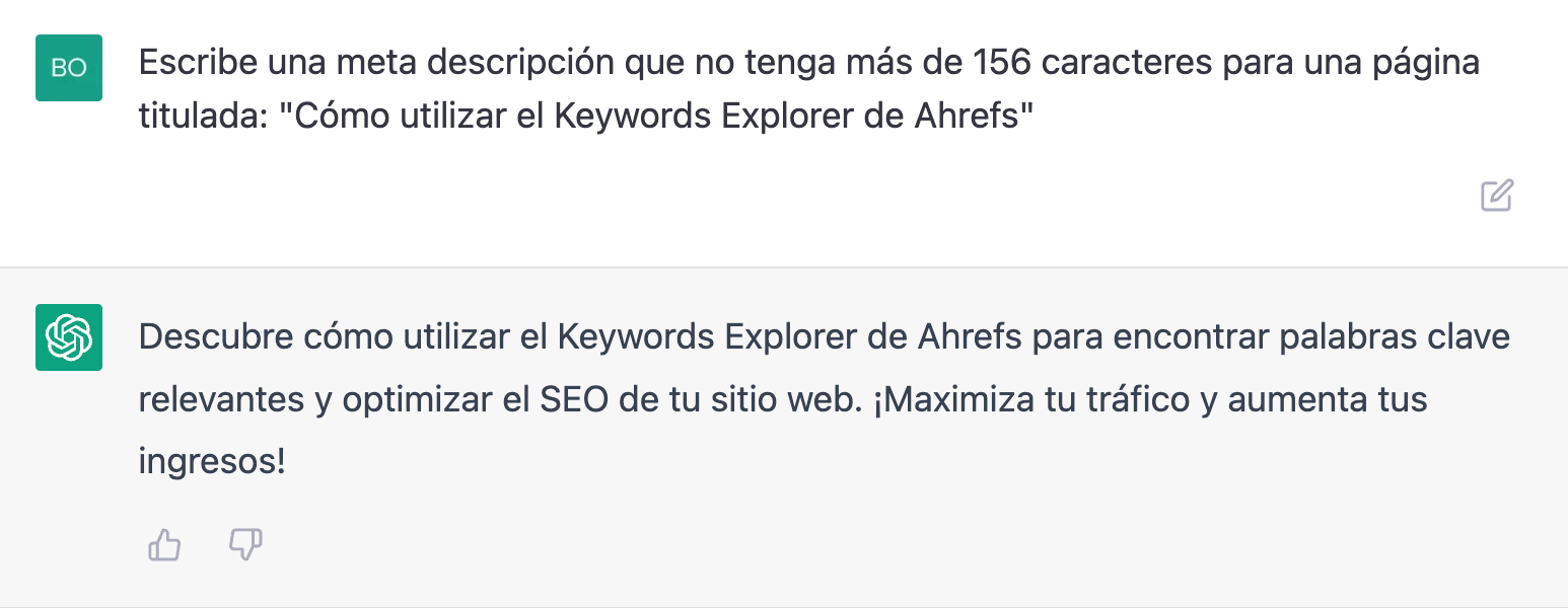 Meta description de "cómo utilizar el Keywords Explorer," generado por ChatGPT