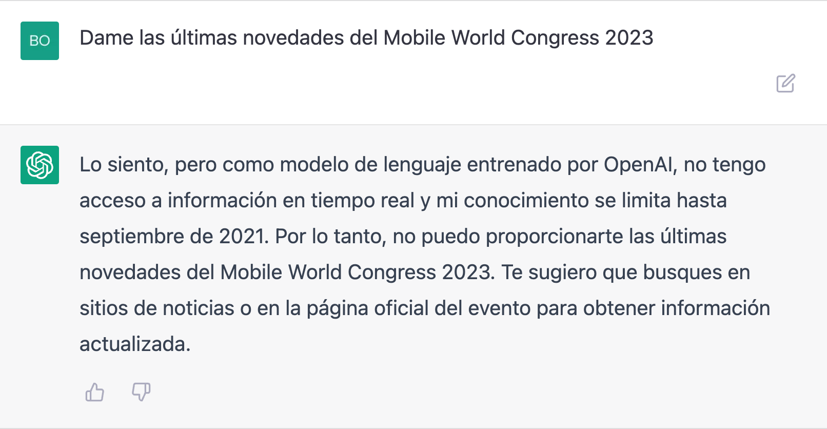 ChatGPT no tiene información en tiempo real