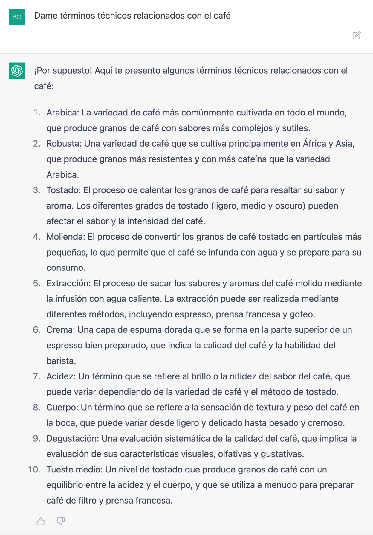 Términos técnicos relacionados con el café generado por ChatGPT

