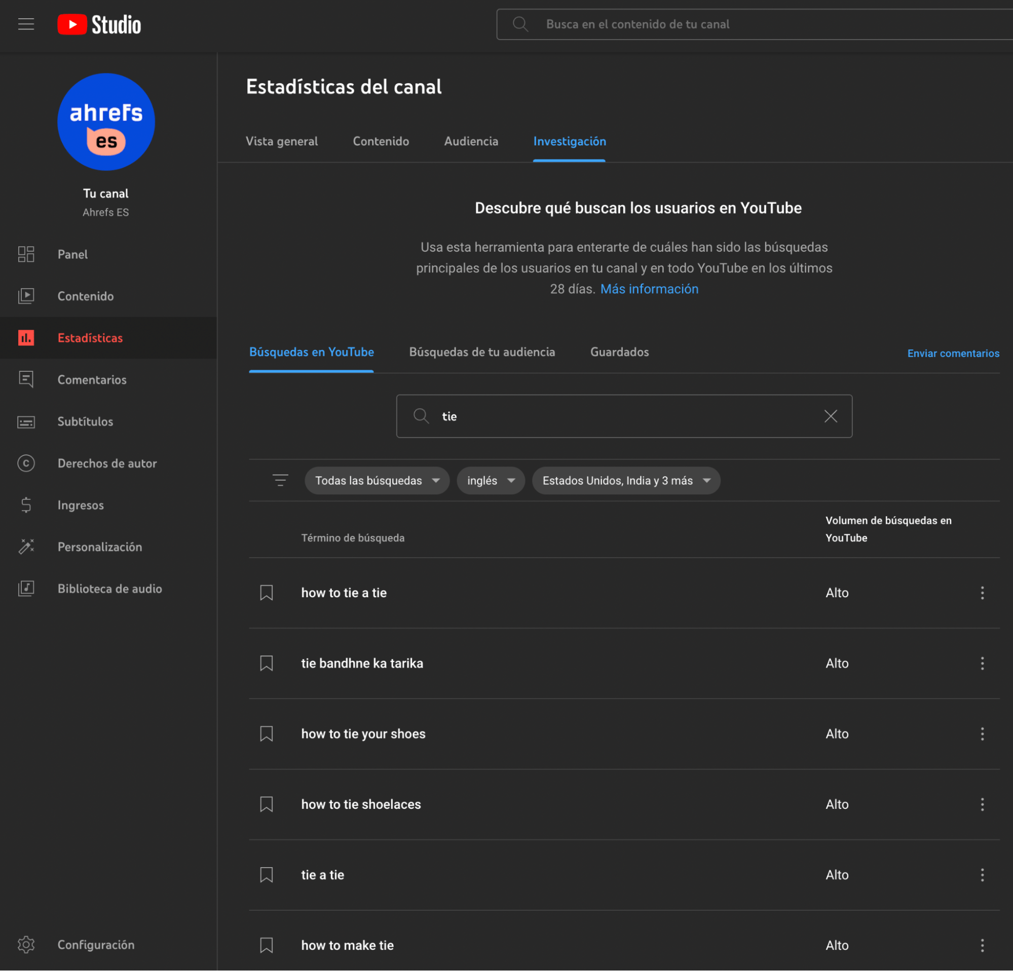 Captura de pantalla de pestaña de YouTube Studio