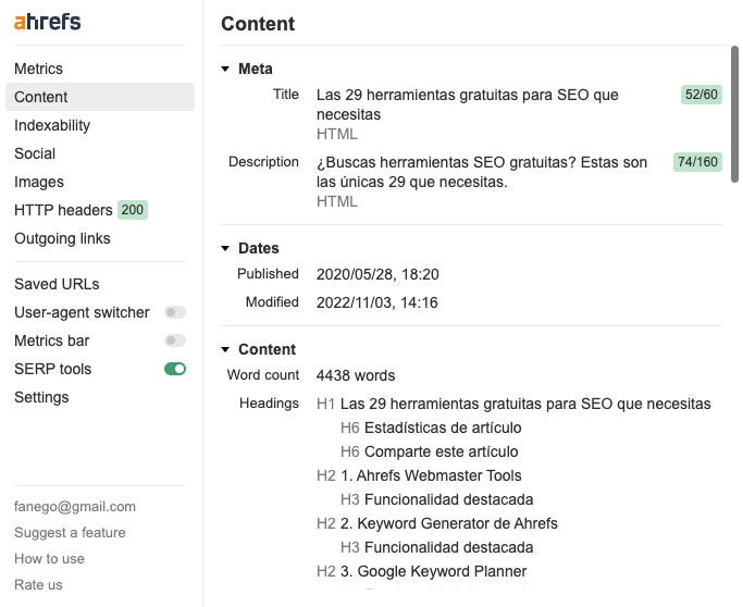 Captura de pantalla de la barra de herramientas SEO de Ahrefs en funcionamiento