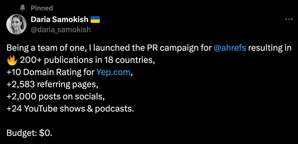 Campaña de relaciones públicas con presupuesto cero y equipo de un solo ejemplo, vía Daria Samokish en X.