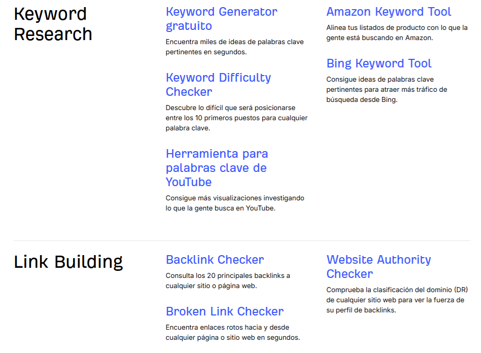 Ejemplo de herramientas gratuitas de Ahrefs.