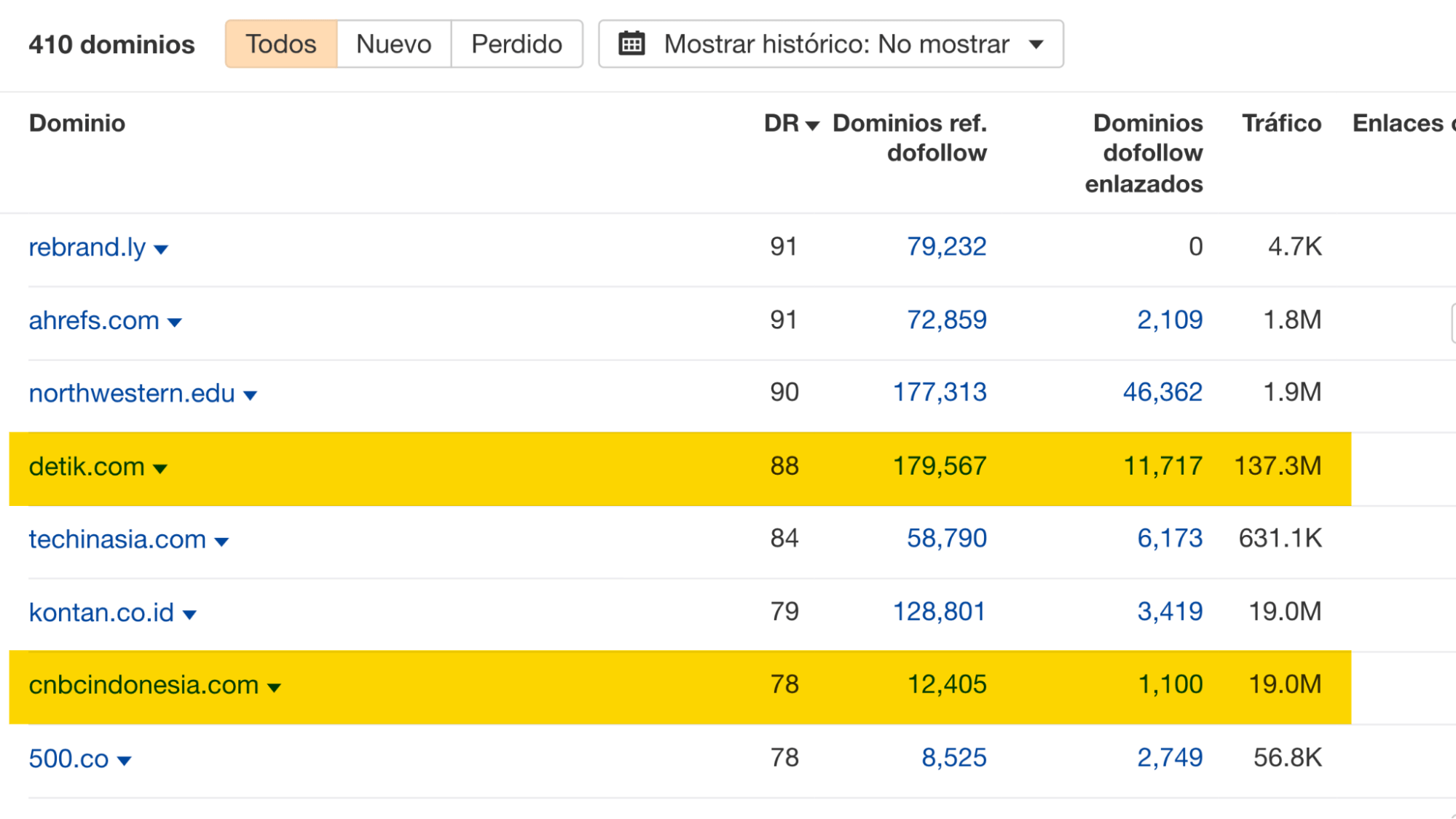 Informe de Dominios de referencia, a través del Site Explorer de Ahrefs