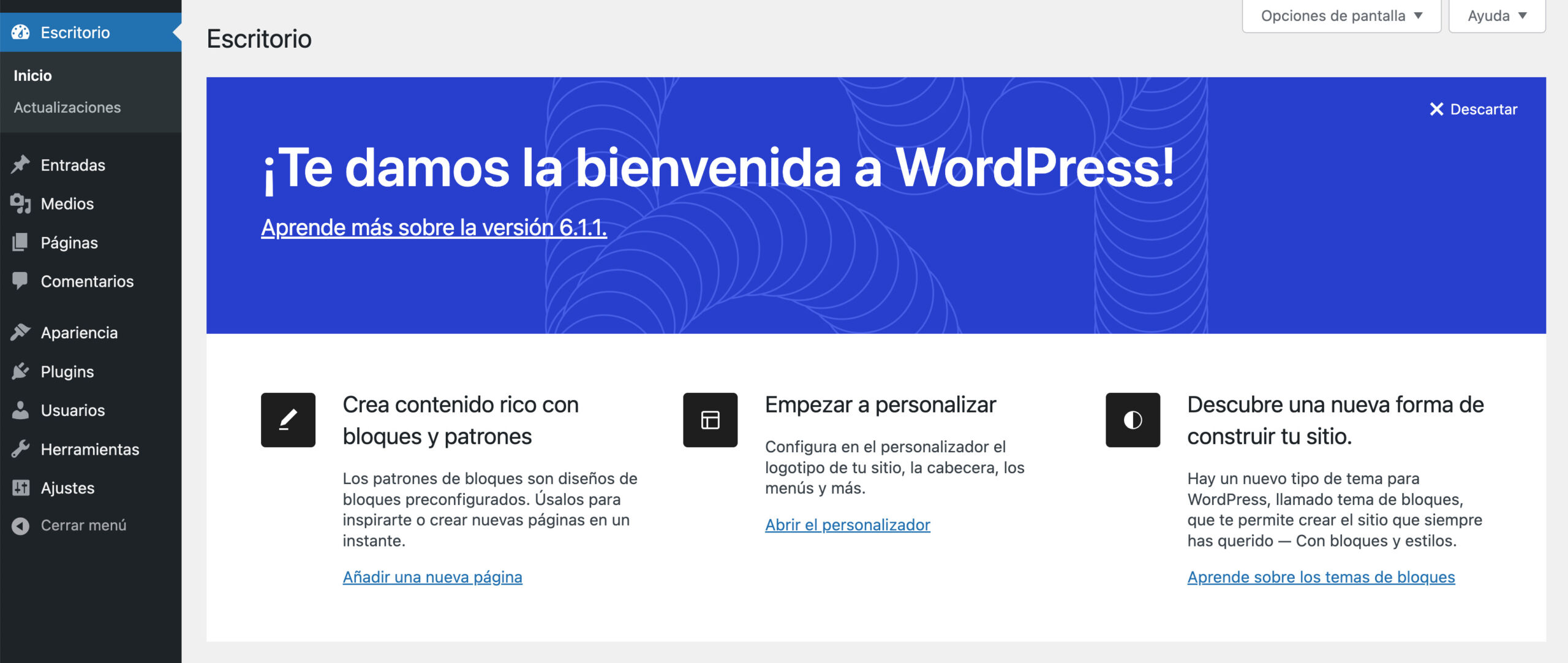 Panel de administrador en WordPress