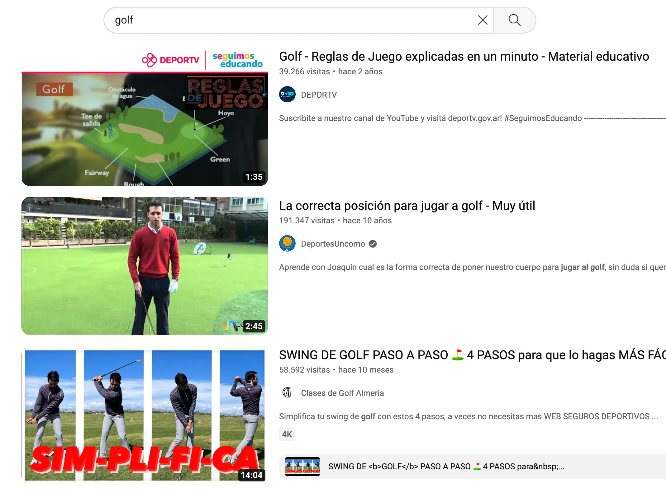 Resultados de la búsqueda de "golf" en YouTube