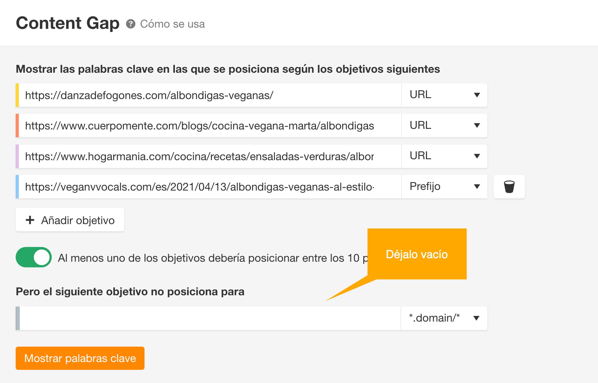 Utilizando la herramienta de Content gap para comparar los artículos mejor posicionados en una determinada palabra clave.