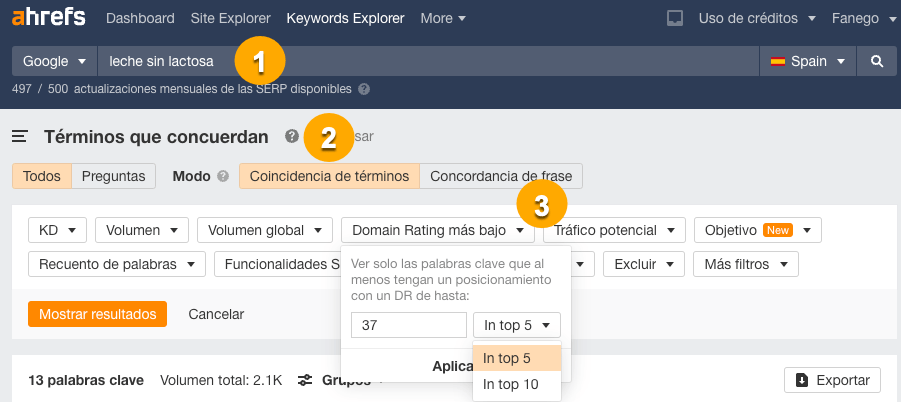 Filtrado de palabras clave con sitios con bajo DR posicionados entre los cinco primeros lugares.